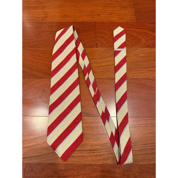 Giorgio Armani Silk Tie Slant Stripe Cravatte VTG | Red Yellow | 56"L 3.75"W - Picture 2 of 8